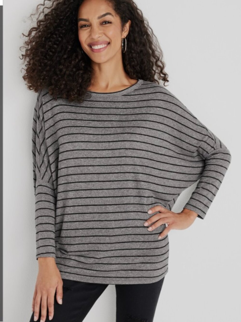 24/7 Maurices Gray Striped Dolman Long Sleeve Top Large | Cozy Oversized